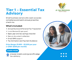 Essential Tier (Semiannual business financial and tax review, Personal and business return preparation, Tax estimation and payment guidance, IRS correspondence support)