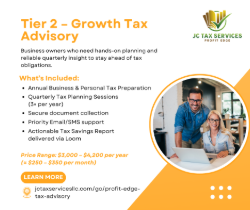 Growth Tier (Quarterly tax strategy and projection reviews, Business and personal tax filing, Mid-year tax planning session, Ongoing deduction and compliance guidance, Priority email support)