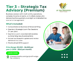 Premium Tier (Quarterly strategy meetings and tax projections, Comprehensive business and personal filing, Year-round email and message support, Annual tax blueprint update and review, Audit-prepared recordkeeping guidance)